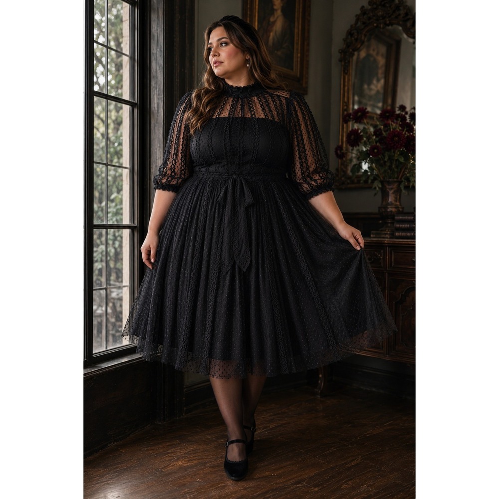 Jessakae Cecilia Black Swiss Dot Tulle Lace Gothic Romance Dress WOMEN 3X